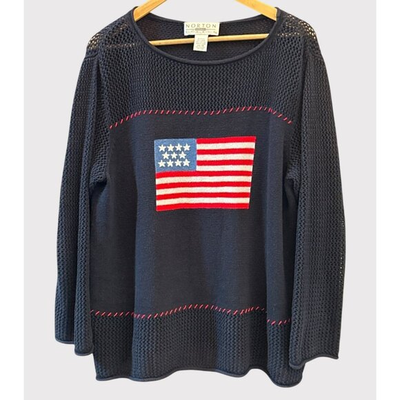 Vintage Norton McNaughton Plus 1X Navy USA Flag Sweater Patriotic 90s Americana - Picture 1 of 5